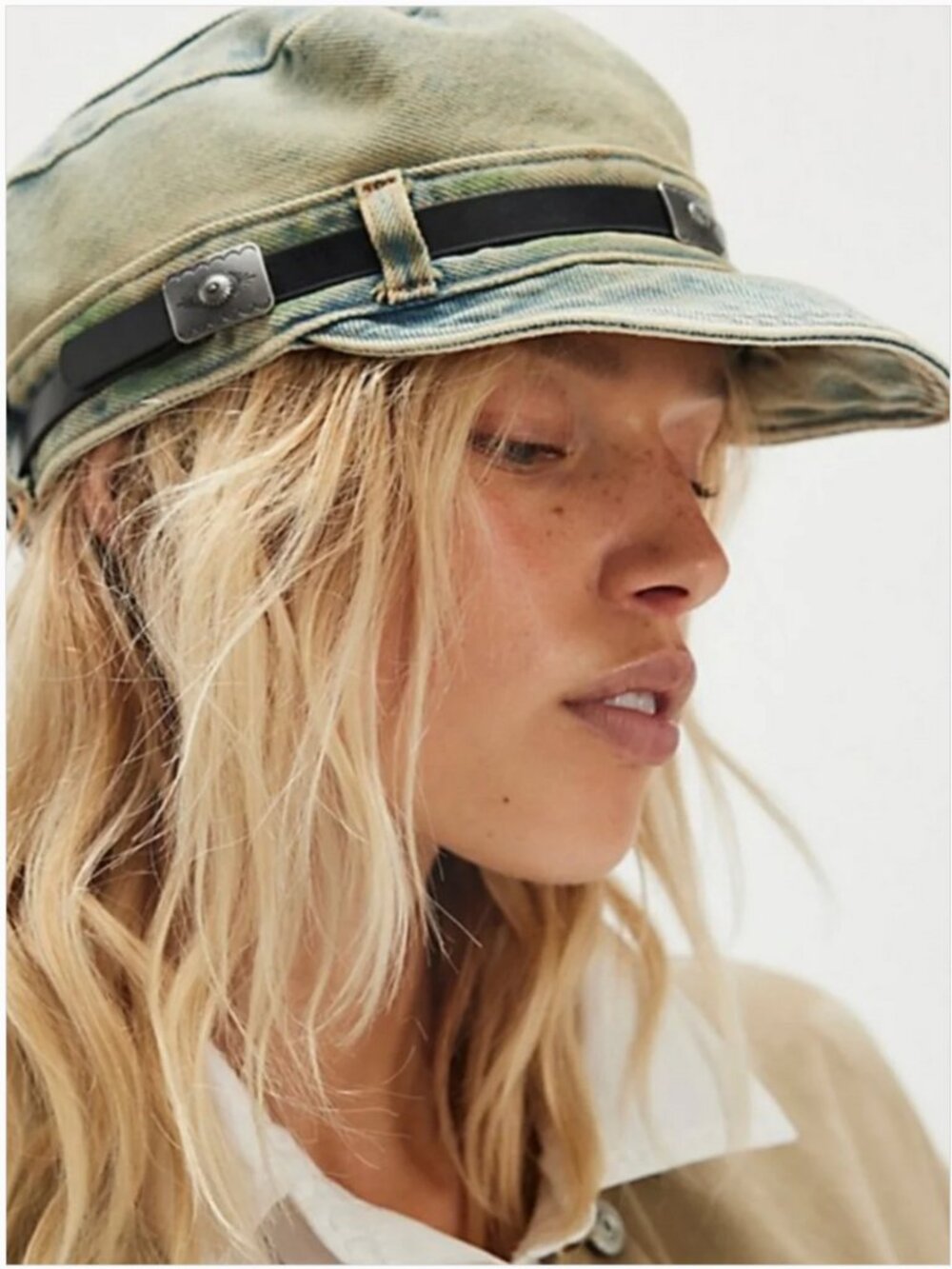 Free People Denim Military-Style Cap with Black Band
